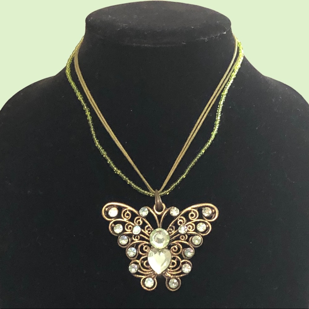 Butterfly Necklace 3 Strand Silk & Beads  Butterfly Pendant Green Stones…